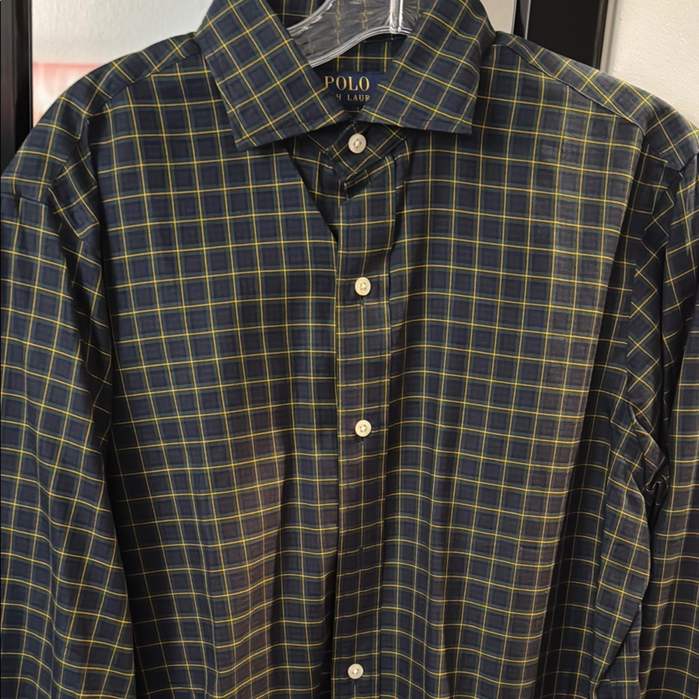 Polo by Ralph Lauren Men's Blue and Yellow Checkered Shirt